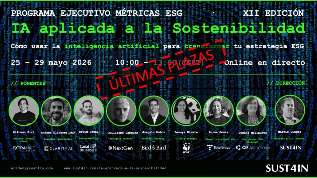 Cartel del curso IA Aplicada a la Sostenibilidad — XII Edición de SUST4IN Academy, formación online del 25 al 29 de mayo de 2026