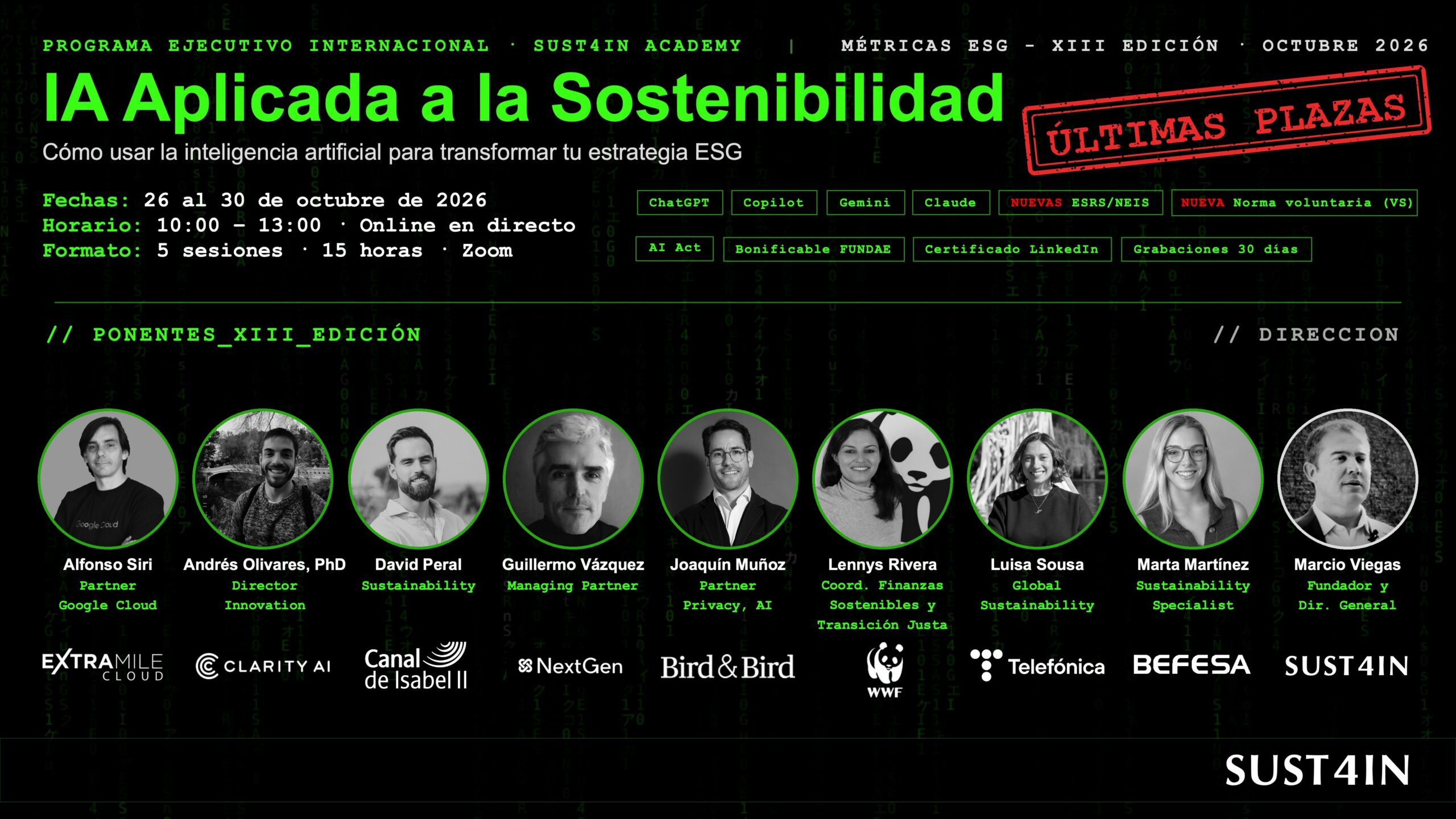 Cartel del curso IA Aplicada a la Sostenibilidad, XIII Edición de SUST4IN Academy, del 26 al 30 de octubre de 2026. Últimas plazas